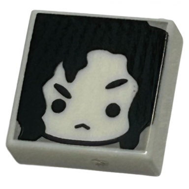 white tile 1 x 1 with female head with frown black eyebrows and curly hair pattern hp bellatrix lestrange