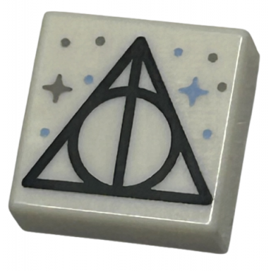 white tile 1 x 1 with black triangle line and circle symbol bright light blue and dark bluish gray dots and sparkles pattern hp sign of the deathly hallows