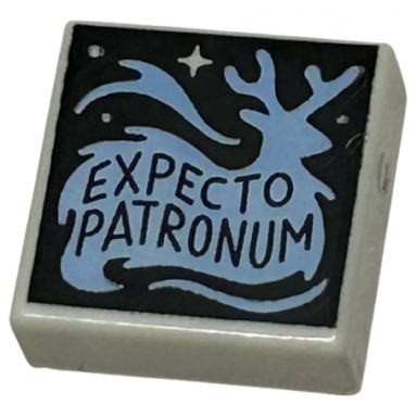 white tile 1 x 1 with expecto patronum bright light blue wispy stag with antlers dots and sparkle on black background pattern