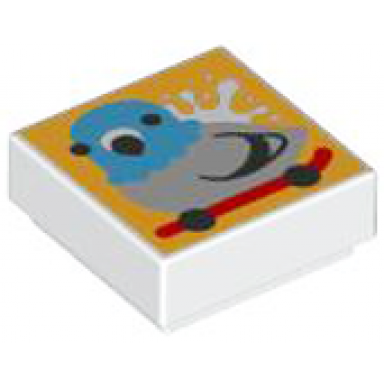 white tile 1 x 1 with light bluish gray and dark azure pooping pigeon on red skateboard on bright light orange background pattern