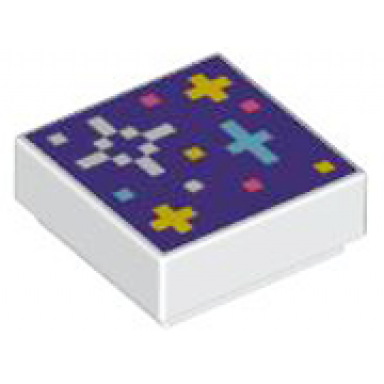 white tile 1 x 1 with pixelated coral medium azure white and yellow stars and dots on dark purple background pattern