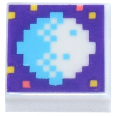 white tile 1 x 1 with pixelated medium azure and white moon coral and yellow dots on dark purple background pattern
