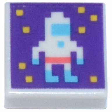 white tile 1 x 1 with pixelated astronaut and yellow dots on dark purple background pattern