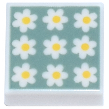 white tile 1 x 1 with flowers daisies with yellow centers on sand green background pattern