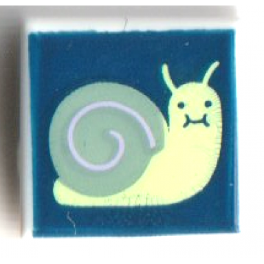 white tile 1 x 1 with yellowish green snail with sand green shell on dark blue background pattern