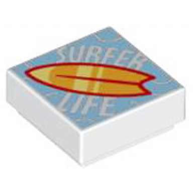 white tile 1 x 1 with surfer life and red orange and bright light yellow surfboard on bright light blue background pattern