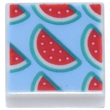 white tile 1 x 1 with red watermelon slices with bright pink seeds and dark turquoise rinds on bright light blue background pattern