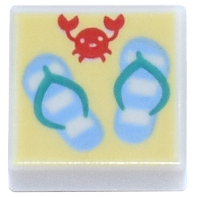 white tile 1 x 1 with bright light blue and dark turquoise sandals and red crab on bright light yellow background pattern