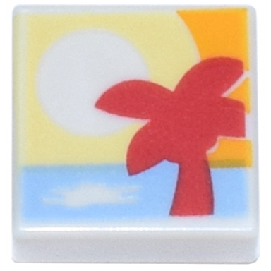 white tile 1 x 1 with bright light yellow and orange sunset bright light blue water and red palm tree pattern
