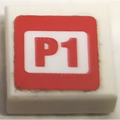 white tile 1 x 1 with p1 in red square pattern model left side sticker - set 75872