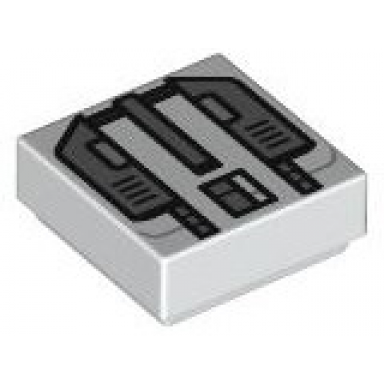 white tile 1 x 1 with sw imperial commando jet pack with dark bluish gray trapezoids and silver rectangles pattern