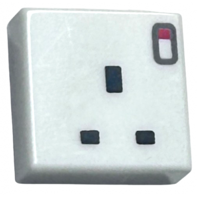 white tile 1 x 1 with 3 black rectangles united kingdom 3 pin power socket and red switch pattern