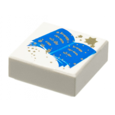 white tile 1 x 1 with blue open book and gold stars pattern