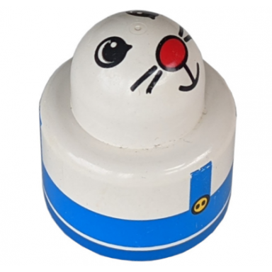 white primo brick round rattle 1 x 1 with blue overalls and animal face pattern