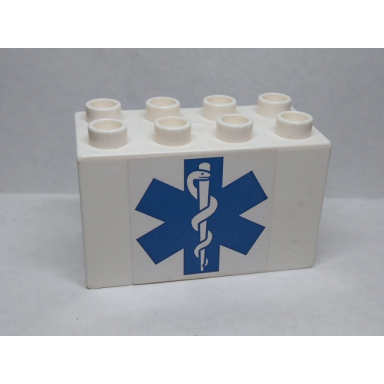white duplo brick 2 x 4 x 2 with emt star of life pattern sticker - set 9226