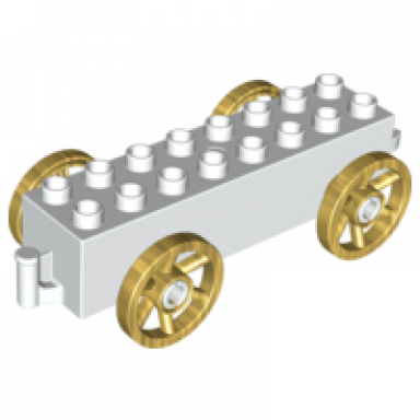 white duplo car base 2 x 8 x 1 1 2 with large copper spoked wheels