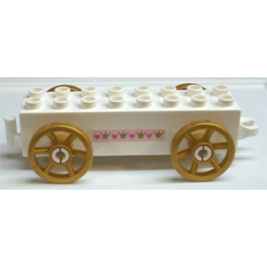 white duplo car base 2 x 8 x 1 1 2 with large copper spoked wheels with hearts and crowns pattern on both sides stickers - set 4828