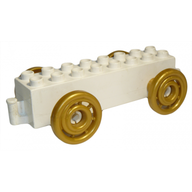 white duplo car base 2 x 8 x 1 1 2 with large gold spoked and spiraled wheels