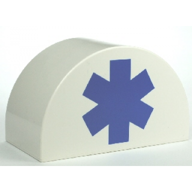 white duplo brick 2 x 4 x 2 slope curved double with blue emt star of life pattern