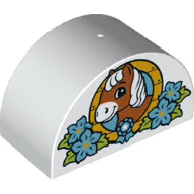 white duplo brick 2 x 4 x 2 slope curved double with horse head in ring and flowers pattern