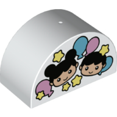 white duplo brick 2 x 4 x 2 slope curved double with boy and girl heads stars and balloons pattern