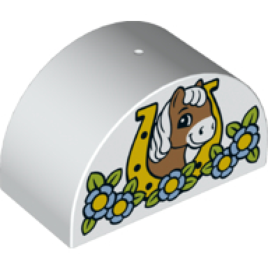 white duplo brick 2 x 4 x 2 slope curved double with horse head in horseshoe and flowers pattern