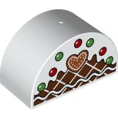 white duplo brick 2 x 4 x 2 slope curved double with gingerbread heart and green and red balls pattern