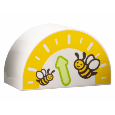 white duplo brick 2 x 4 x 2 slope curved double with yellow gauge yellowish green and lime arrow 2 bees pattern