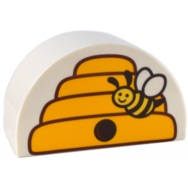 white duplo brick 2 x 4 x 2 slope curved double with bee and bright light orange and reddish brown beehive pattern