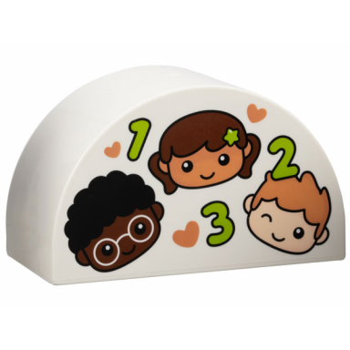 white duplo brick 2 x 4 x 2 slope curved double with children medium nougat hearts and lime number 1 2 and 3 pattern
