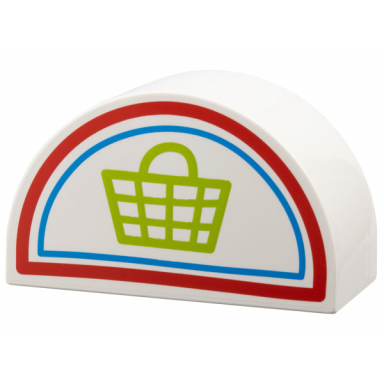 white duplo brick 2 x 4 x 2 slope curved double with lime shopping basket and red and dark azure borders pattern