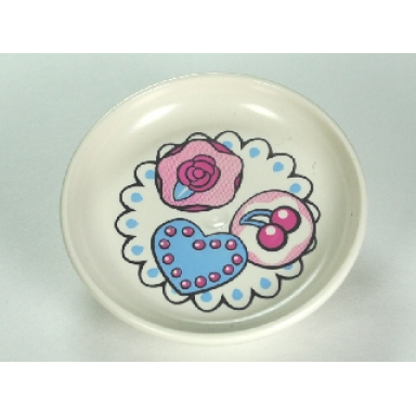 white duplo utensil dish 3 x 3 with heart cherry and rose cakes on doily pattern
