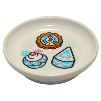 white duplo utensil dish 3 x 3 with cupcake piece of cake olaf cookie and snowflakes pattern