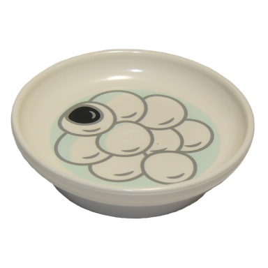 white duplo utensil dish 3 x 3 with tang yuan sesame rice balls in light aqua water pattern