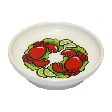 white duplo utensil dish 3 x 3 with steamed red crabs and lime slices on lettuce leaves pattern