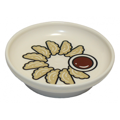 white duplo utensil dish 3 x 3 with chinese jiaozi dumplings and dipping sauce pattern