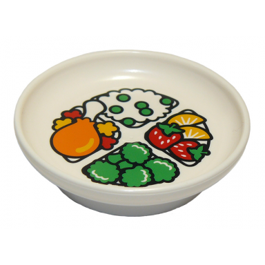 white duplo utensil dish 3 x 3 with chicken leg rice with peas brocolli strawberries and oranges pattern