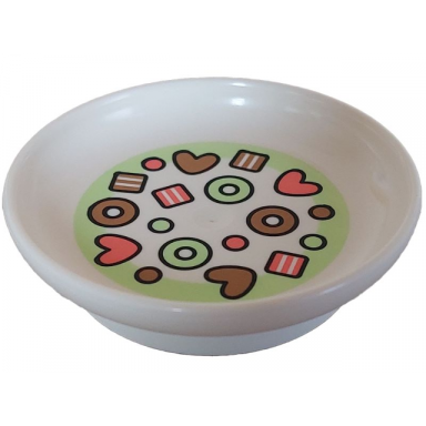 white duplo utensil dish 3 x 3 with coral medium brown and yellowish green hearts circles and striped squares pattern