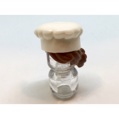 white minifigure hair combo hat with hair chef toque with molded reddish brown hair in bun pattern