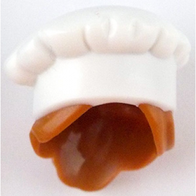 white minifigure hair combo hat with hair chef toque with molded dark orange hair in bun pattern