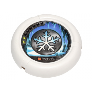 white throwing disk with throwbot ski slizer ice 2 pips lego technic logo and snowflake emblem pattern