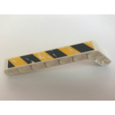 white technic liftarm modified bent thick 1 x 9 7 - 3 with worn black and yellow danger stripes pattern sticker - set 44014
