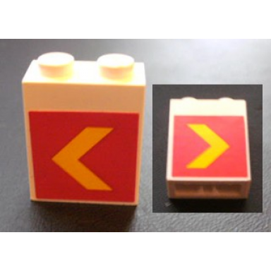 white brick 1 x 2 x 2 with inside axle holder with yellow chevron on red background pattern on both sides stickers - set 1255