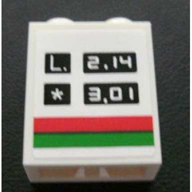 white brick 1 x 2 x 2 with inside axle holder with l 2.14 and * 3.01 pattern sticker - set 3180
