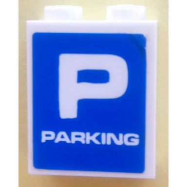white brick 1 x 2 x 2 with inside axle holder with capital letter p and parking on blue background pattern sticker - set 3832