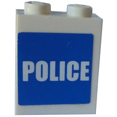 white brick 1 x 2 x 2 with inside axle holder with white police on blue background pattern sticker - set 7498