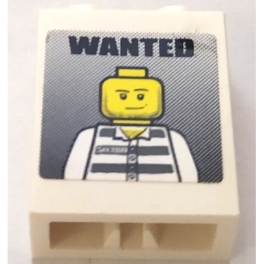 white brick 1 x 2 x 2 with inside axle holder with wanted and jail prisoner minifigure pattern sticker - set 7288