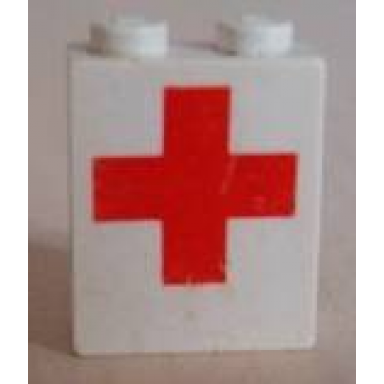 white brick 1 x 2 x 2 with inside axle holder with red cross pattern