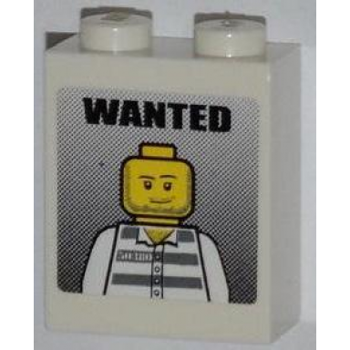 white brick 1 x 2 x 2 with inside stud holder with wanted and jail prisoner minifigure pattern sticker - set 7288
