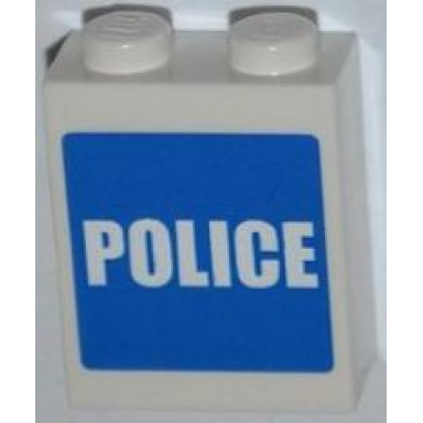 white brick 1 x 2 x 2 with inside stud holder with white police on blue background pattern sticker - set 7498